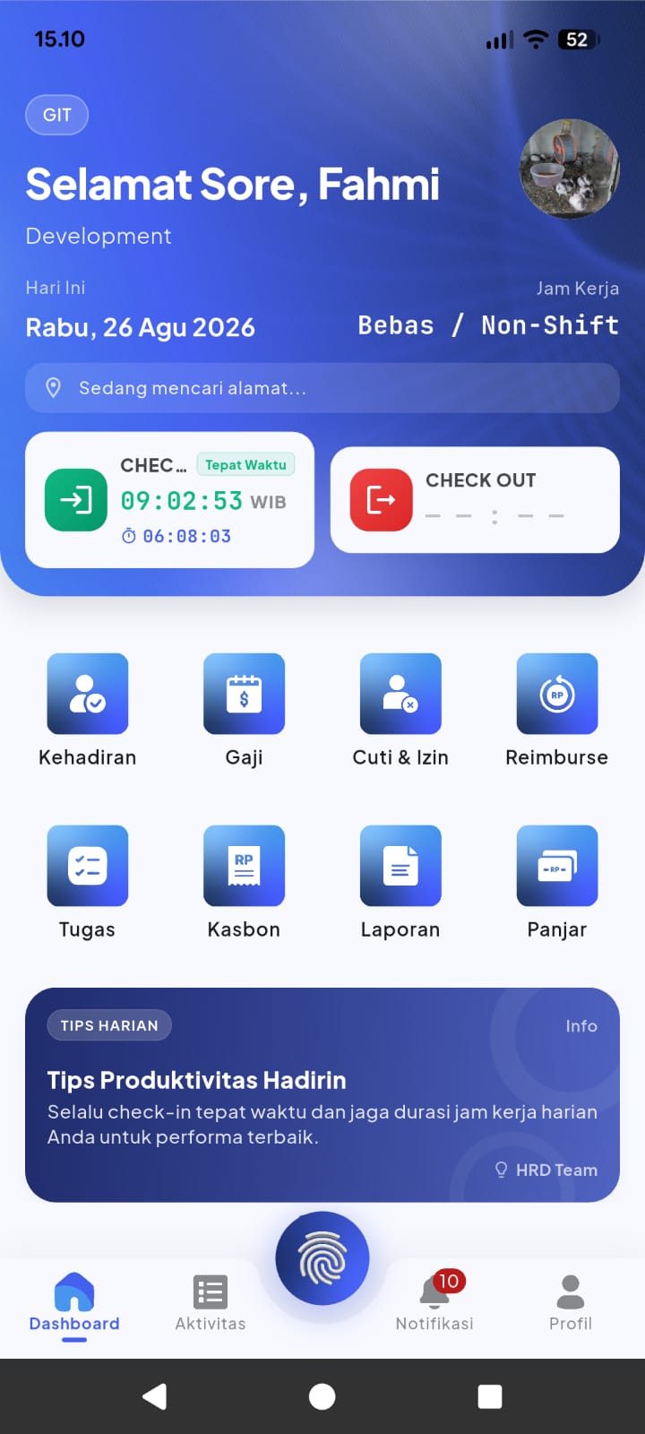 Dashboard Utama Hadirin Mobile UI